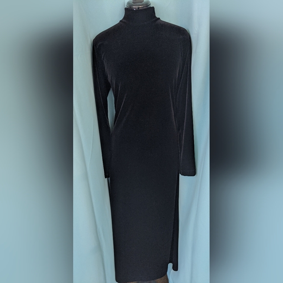 VTG BELLE POINTE BLACK VELVET LONG SLEEVE TYRTLE NECK COLLARED DRESS W/ SZ M - Picture 1 of 8
